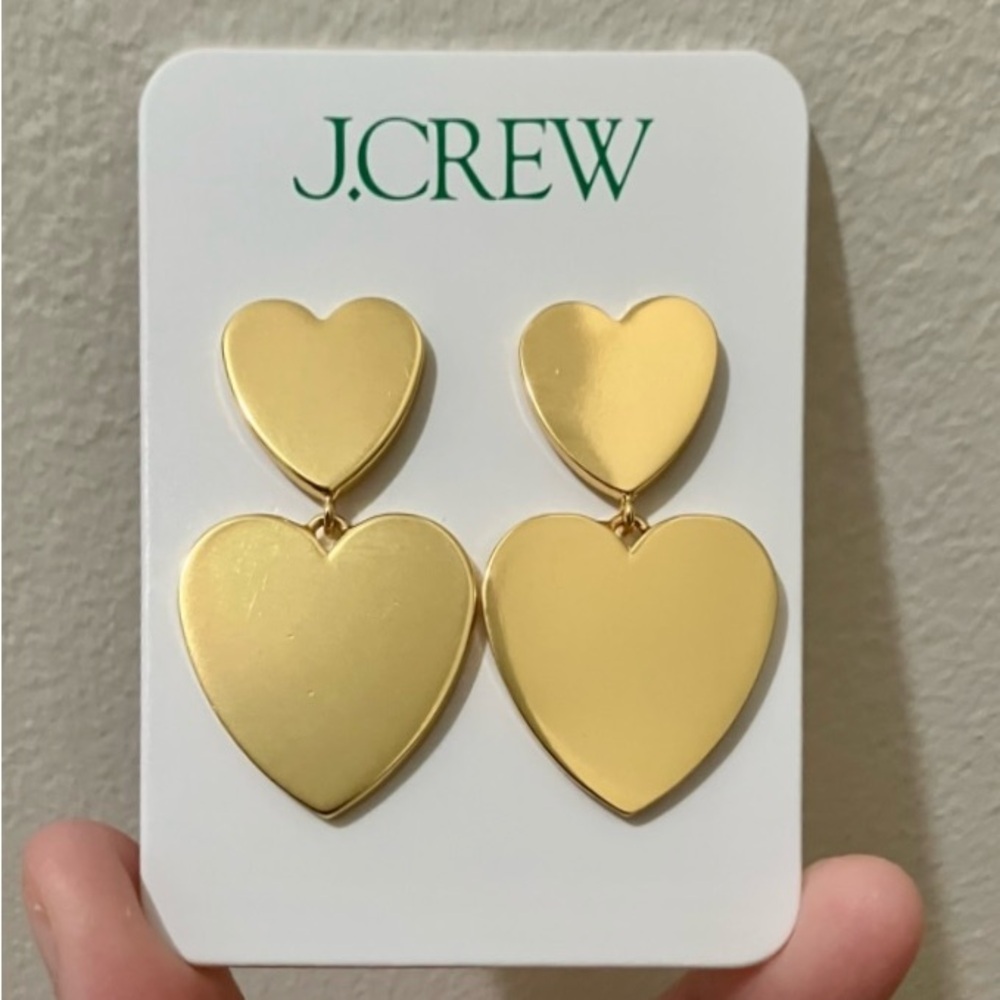 NWT J. Crew Double Heart Gold Drop Earrings Coquette Girl Romantic Preppy Modern